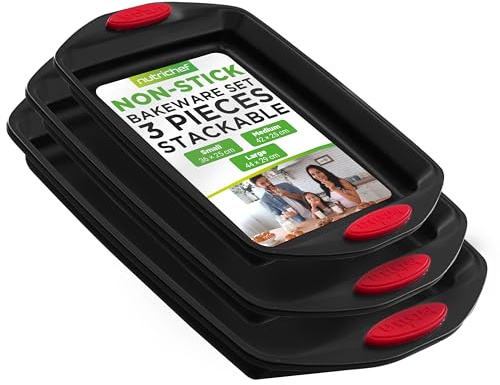 NutriChef Baking Trays for Oven Nonstick 3 Piece Set – Stackble Carbon Steel with Red Silicone Handles, Large Medium Small Baking Sheets, PFOA PFOS PTFE Free