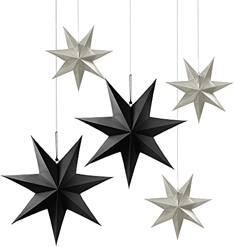 Frau WUNDERVoll® liebevolle Faltsterne schwarz/Silber matt matt 5 Stück: 3 Stück Durchmesser 25 cm + 2 Stück Durchmesser 40 cm 7 Zacken geschlossene Oberfläche Feste Pappe