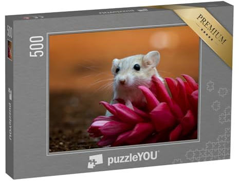 puzzleYOU: Puzzle 500 Teile „Niedliche Wüstenrennmaus auf rosa Blüte“ – aus der Puzzle-Kollektion Springmaus, Tiere in Savanne & Wüste