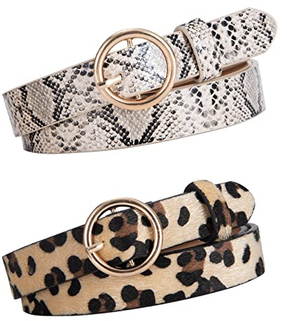 PU Ledergürtel für Damen - Schlange Leopard Muster, 2cm Breite, O-Ring Schnalle, 2 Stück