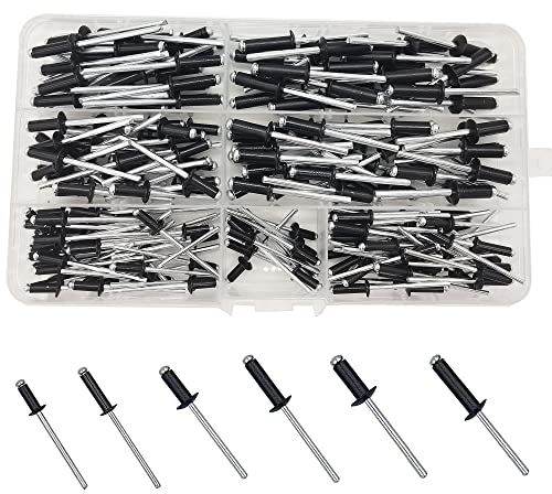 200 Pezzi M3.2/M4/M5 Rivetti Ciechi in Lega di Alluminio, Kit Assortimento, 6 Misure per Metallo Legno Plastica Costruzione di Componenti (Nero)