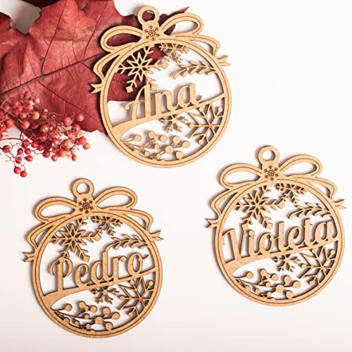 Bolas de Navidad Personalizada - Bolas de Navidad Personalizada con Nombre de Madera - Decoración navideña - Esfera grabada en Madera de máxima Calidad con Cuerda incluida. (Lazo)