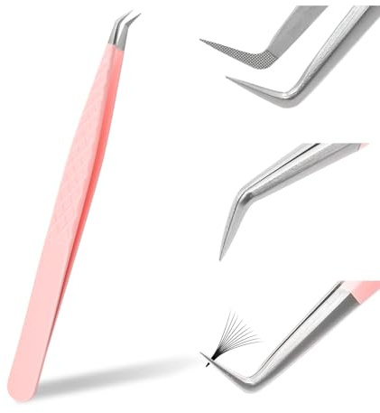 FADVAN Pinzas Extensiones Pestañas Pelo a Pelo Embalaje Independiente Rosa Tweezers Punta Curvada de Acero Inoxidable Pinzas(Forma de Plumas) | Acero Inoxidable, Alta Precisión, Para Extensiones de Pestañas Profesional