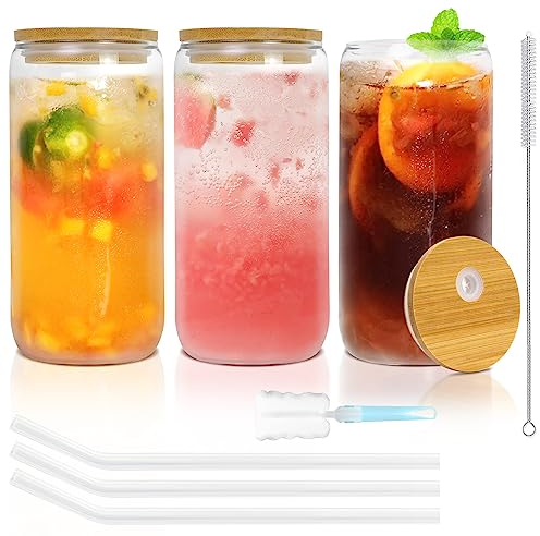 YUEYEE Drinking Glasses,3 Set 500ml Can Shaped Glass with Straws and Bamboo Lids,Reusable Iced Coffee Glass Smoothie Cup for Soda Water Juice Smoothie Milk Cocktail Whiskey