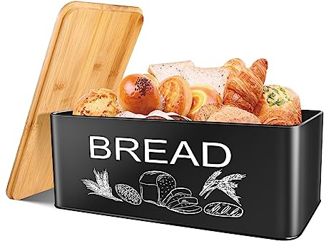 JIGUOOR Black Bread Box, Large Space Saving Vertical Metal Bread Box with Wooden Cutting Board Lid, Holds 2+ Loaves, Farmhouse Bread Bins Kitchen Bread Storage,Kitchen Parts Box 12.99 x 7.08 x 4.72
