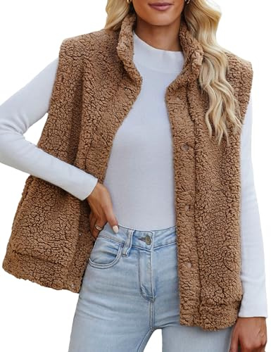 Maeau Gilet d'Automne pour Femme - Veste de Transition en Peluche Sans Manches - Douillette d'Extérieur Chaude en Polaire - Col Moelleux - Boutons