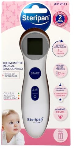 Steripan - Thermomètre Médical Sans Contact - Mesure par Infrarouge - Piles Incluses - Mesures Ultra-Précises - Résultat en 3 secondes