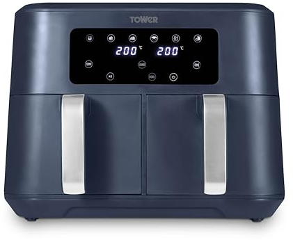 Tower T17137CMNB Vortx 8.5L Dual Basket Air Fryer with Dual Cook Function, 2400W, Midnight Blue & Chrome