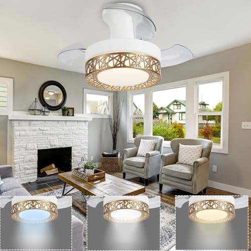 52 cm Ventilador de Techo con Luz Aspas Retráctiles, Lámpara Ventilador Techo 6 Velocidades, Plafon Ventilador Techo con Luz LED Silencioso Regulable Dormitorio Habitacion Infantil