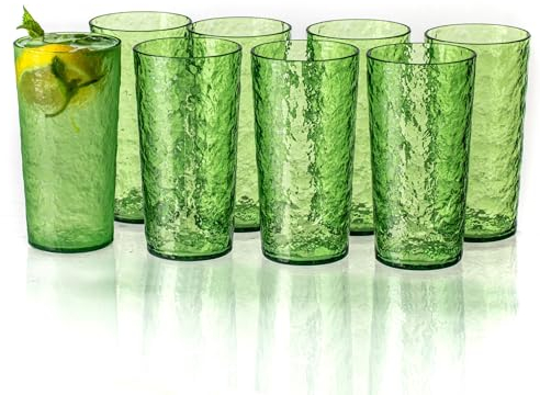 MIYOPESI 18oz Acrylic Glasses Drinkware (Set of 8), Ice-carved Design Unbreakable Plastic Cups, Reusable Plastic Drinking Glasses, Stackable, BPA-Free, Dishwasher-Safe (Green)