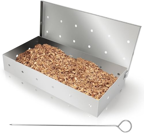 BBQ Grill Smoker Box Smoker Boxes for Gas Grilling Wood Chip Smoker Box Stainless Steel Smoking Box with BBQ Skewer, for Barbecue, Grill Accessories for Charcoal Grill and Gas Grill