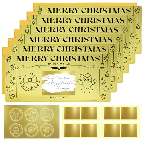 6 Set Christmas Cards with Envelopes, Christmas Scratch Card Surprise Gift Reveal, 20cmx9cm Happy New Years Cards, Golden Ticket for Writing Your Own Special for Girlfriend,Wive,Family,Friend,Kid