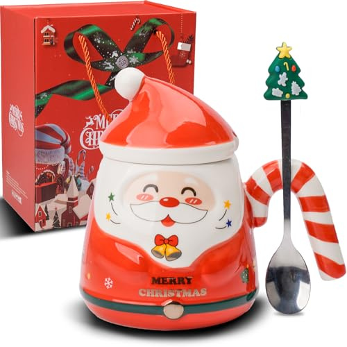 ZONSUSE Tasse Père Noël, Tasse à Café de Christmas Originale, Mug Noel Enfant, Merry Christmas Mug, avec Anse en Canne à Sucre et Cuillère Arbre, Idee Cadeau pour Homme Femme 400ml (A-Rouge)
