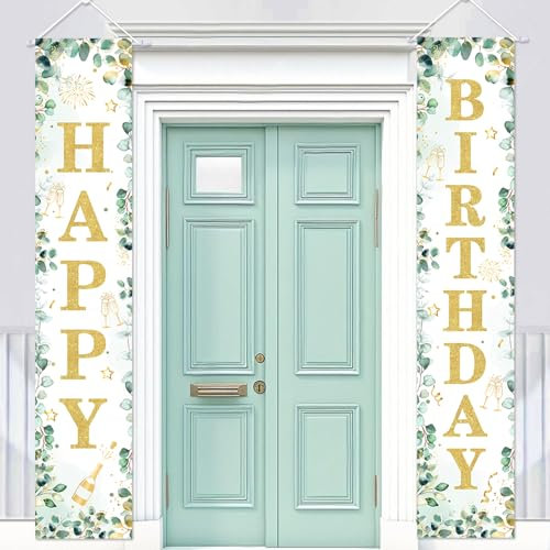 Kreatwow Cartel verde salvia para puerta de feliz cumpleaños, decoración de fiesta de cumpleaños, decoraciones de cumpleaños neutras para mujer, hombre, verde, letrero de porche, pancarta de