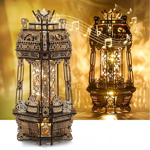 FUNPOLA LED 3D Wood Puzzle Poker World Projector Lamp – DIY Craft Kit with LED Lights and Music Box – Creative Poker-Themed Lamp, Nightlight Gift for Home Décor (White Maple)