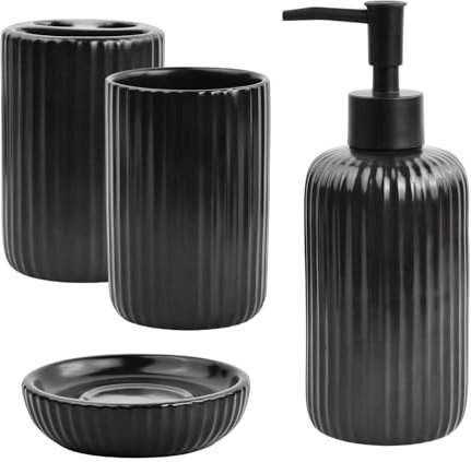 Focenat 4 pièces Accessoires de Salle de Bain en céramique, Porte-Brosse à Dents avec Distributeur de Savon, Gobelet de Salle de Bain, Porte-Savon, Decoration Salle de Bain (Noir)