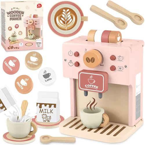 Airlab Wooden Coffee Machine Toy, Pretend Play Kitchen Accessories, Barista Shop Role Play Set with Toy Food, Outdoor Picnic & Afternoon Tea Party Toys for Girls Boys Age 3-5 Years