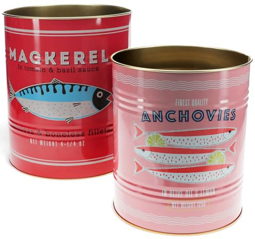 Dotcomgiftshop REX LONDON XL Metall-Dosen Fisch 2er Set – Retro Aufbewahrungsdosen aus Blech mit Sardellen- & Makrelenmotiv, stabile Deko-Dosen für Haushalt & Ordnung