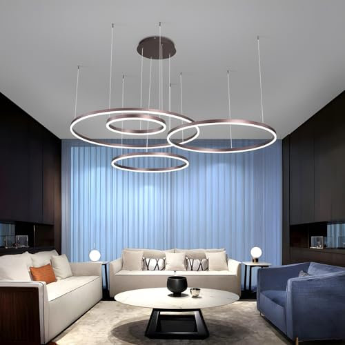 VanMe LED Hängeleuchte, Höhenverstellbar LED Kronleuchter Moderne Pendelleuchte Kreise Ringe Hängelampe, Dimmbare mit Fernbedienung, Deckenleuchte für Wohnzimmer Esszimmer(Brown,4 Ring 20+40+60+80cm)