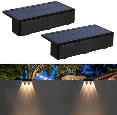ALLOMN Luces Solares Para Vallas de Jardín al Aire Libre, 2PCS 3 Luces LED Solares de Pared Impermeables para Escaleras para Exteriores Jardín Patio Terraza Y Camino (Blanco Cálido)