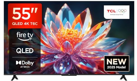 TCL 55T6C-UK 55” QLED 4K HDR TV, Fire TV (Smart TV with Dolby Vision & Atmos, HDR10+, Press & Ask Alexa, 2025 New Model)