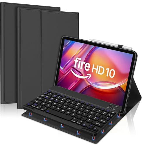 FOGARI Keyboard Case for Fire HD 10 & 10 Plus 10.1 inch (13th/11th Generation 2023/2021), Detachable Bluetooth UK Version Keyboard Cover, Black
