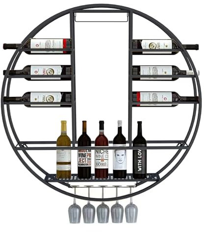 Portabottiglie rotondo da parete, mensole galleggianti per bar, espositore per bottiglie di liquore, da parete con portabicchieri da vino sospeso per bottiglie di liquore, supporto da bar, mensola d