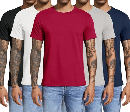 Boyzn Män 3 eller 4-pack bomulls-t-shirts, kortärmad rund hals sportt-shirts, bomull gym träning löpning tröjor för män, 5-pack-svart/vit/grå/marinblå/röd, L