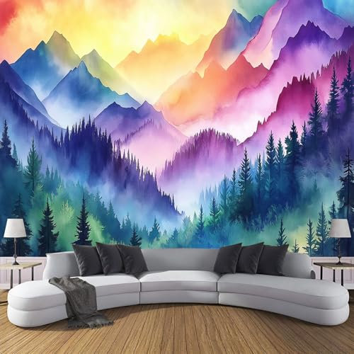 Bunte Berge Fototapete - Aquarelllandschaft - Größe 250x180cm (Breite x Höhe) Wandtapete Tapete, Wandbild Wandtattoo Dekoration - Tapete, Kinderzimmer, Kindertapete