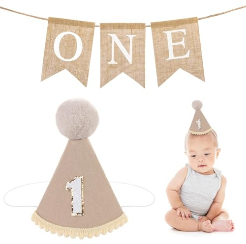 Hut zum 1. Geburtstag und ein Banner Set, UHOMENY Birthday-Kronenflagge für 1 Jahr altes Baby, Jungen, Mädchen, 1. Party-Dekoration