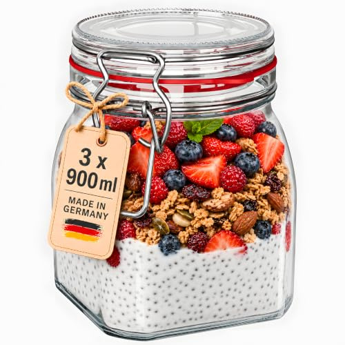 WELLGRO Einmachgläser mit Bügelverschluss eckig, Fermentierglas, Vorratsgläser mit Deckel, Bügelglas - Gläser mit Deckel Made in Germany (900ml x 3 Stück)