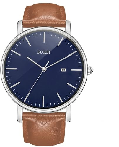 BUREI Ultra Dünne Uhren Herren Analoges Datum Armbanduhr Herren mit Japanisches Quarzwerk, Geschenke für Männer (Silber, Leder)