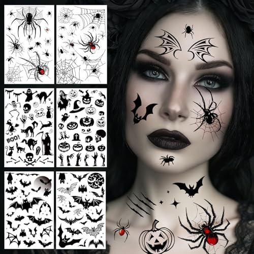 7 Blatt Halloween Tattoo Gesicht, Glitzersteine Gesicht Spinnen Skelett Fledermaus Tattoo für Halloween Kostüm Damen Herren Kinder Accessoires, Gesichtstattoo für Tag Der Toten Fasching