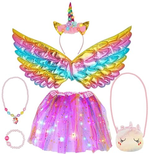YUYWWAN Costume Unicorno Bambina 6 Pezzi Tutu LED Cerchietto Unicorno Ali Arcobaleno Collana Bracciale Borsa Set Cosplay Unicorno Ragazza per Halloween, Natale, Carnevale, Compleanno