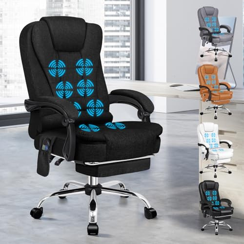 ALFORDSON Ergonomischer Bürostuhl, Schreibtischstuhl mit Wärmemassagefunktion, Leinenstoff Computerstuhl mit gepolsterten Armlehnen und weicher Kopfstütze, Drehstuhl mit Rollen, Schwarz