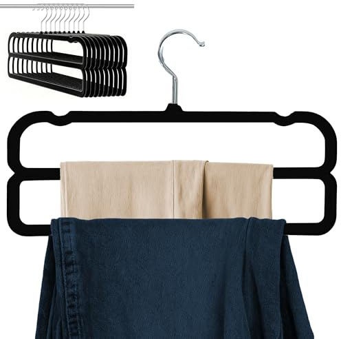 Kleiderbügel Samt Zweistufig 10 Stück, Hosenbügel mit 360° Drehbarem Haken | Schwarz Rutschfeste Kleiderbügel Hosenbügel Platzsparend für Kleider, Shorts, Jeans, Slack