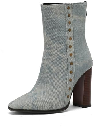 Bottes Courtes À Bout Pointu pour Femmes avec Fermeture Éclair Cuir PU Bottines Chelsea avec Clous Talon Épais Hauts Bottines,Bleu,40 EU
