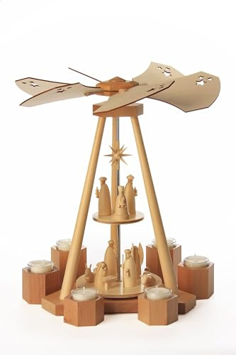 Rudolphs Schatzkiste Moderne Weihnachtspyramide „Delta“ mit Weihnachtsgeschichte – Zweistöckige Teelichtpyramide aus Holz BxHxT 25x39x21cm NEU Weihnachtspyramide Delta Teelichtpyramide