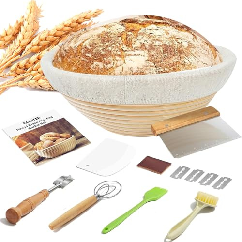 RNPKZ Bread Proofing Basket Set, 12PCS Sourdough Starter Kit, Bread Baking Supplies with Round Dough Whisk Bread Lame Blade Scraper Cloth Liner Cleaning Brush &Silicone Basting Brush for Baking Lover