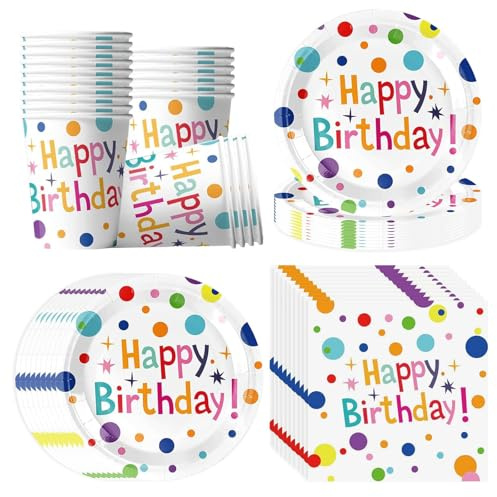 AINIUNIU färgglada prickar födelsedag festservis för 20 gäster, 60 stycken Happy Birthday-festtallrik party porslin set, innehåller tallrikar, servetter och pappersmuggar, papperstallrikar