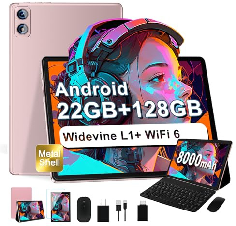 Dghrti Tablet 10 Pulgadas, 128GB ROM/TF 2TB, 8000mAh, con Teclado - Oro | Pantalla IPS HD, Widevine L1, 22GB RAM, 8-Core CPU, WLAN 6, BT5.0, 3D Face ID, GPS, cámara 5+8MP. Incluye ratón y funda.