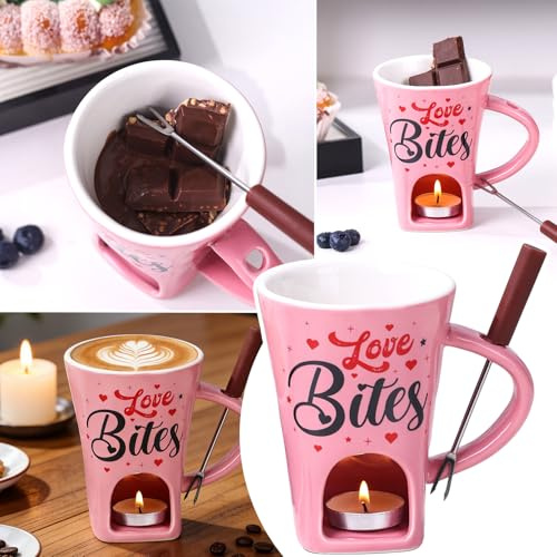Tasse de Fondue au Chocolat en Céramique, 200ML Tasse Fondue Chocolat Rose, Pot à Cho-colat Fondant avec Fourchette et Bougie à Thé, Tasse à Fondue au Beurre en Céramique pour Cho-colat/Fromage (B)