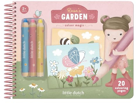 Little Dutch Malbuch mit Buntstiften - für Kleinkinder ab 2 Jahren - mit Tier Motiven und Blumen zum Ausmalen und leere Seiten - Rosa's Garden