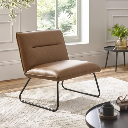 Julian Bowen Saxon Brown Accent Chair, Tan Faux Leather Padded Lounge Chair with Metal Cantilever Base - 74 x 71 x 69cm