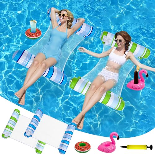 2 Pack Pool Inflatables for Adults, 4-in-1 Inflatable Pool Floats | with 2 Inflatable Drink Holders,Water Hammock for Swimming Pools, Portable Swimming Pool Lounger