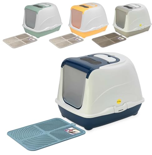 CAT CENTRE Blue Hooded Flip Cat Litter Tray + Blue Tray Mat + Filter & Scoop Kitten Box Toilet Extra Deep Anti-Spillage Easy Cleaning Access Durable Premium Quality Flap Door Enclosed Entrance