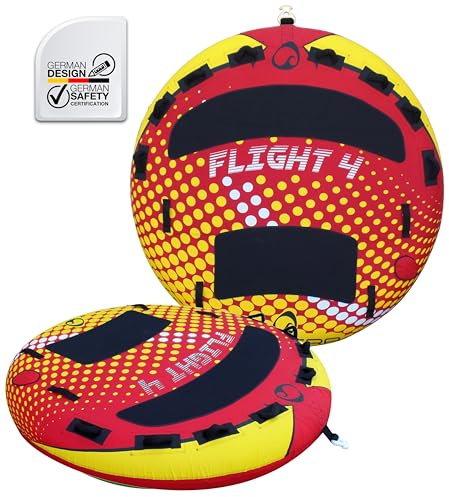 SPINERA Flight Towable Tube 1–4 Personen – Aufblasbarer Wasserreifen für Boot, Full Covered, 420/840 Denir,Eva-Polster, Boston Valve – Quick Connector Hook, Acttion 100% (Flight 4 Pers.)
