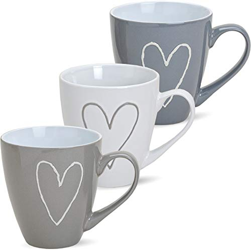 matches21 Tazze jumbo grandi tazze caffè cuori decorazione cuore grigio beige bianco ceramica 3 pz. Set 11 cm / 400 ml PREZZO SPECIALE