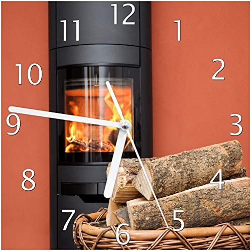 Wallario Design-Wanduhr Kamin Romantik aus Glas, Motiv-Uhr Größe 20 x 20 cm, weiße Zeiger