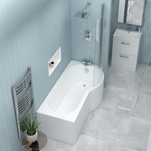 1700 x 850mm P Shape Shower Bath with Glass Shower Screen + Towel Rail, Gloss White Soaking Shower Bath, Acrylic Baths for Bathrooms, Right Hand Round, Adjustable Leg Set - Elva